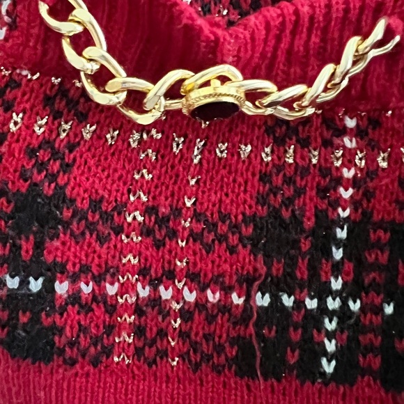 Vintage Christmas Sweater Red Plaid Cardigan with Gold Accents - Picture 4 of 4